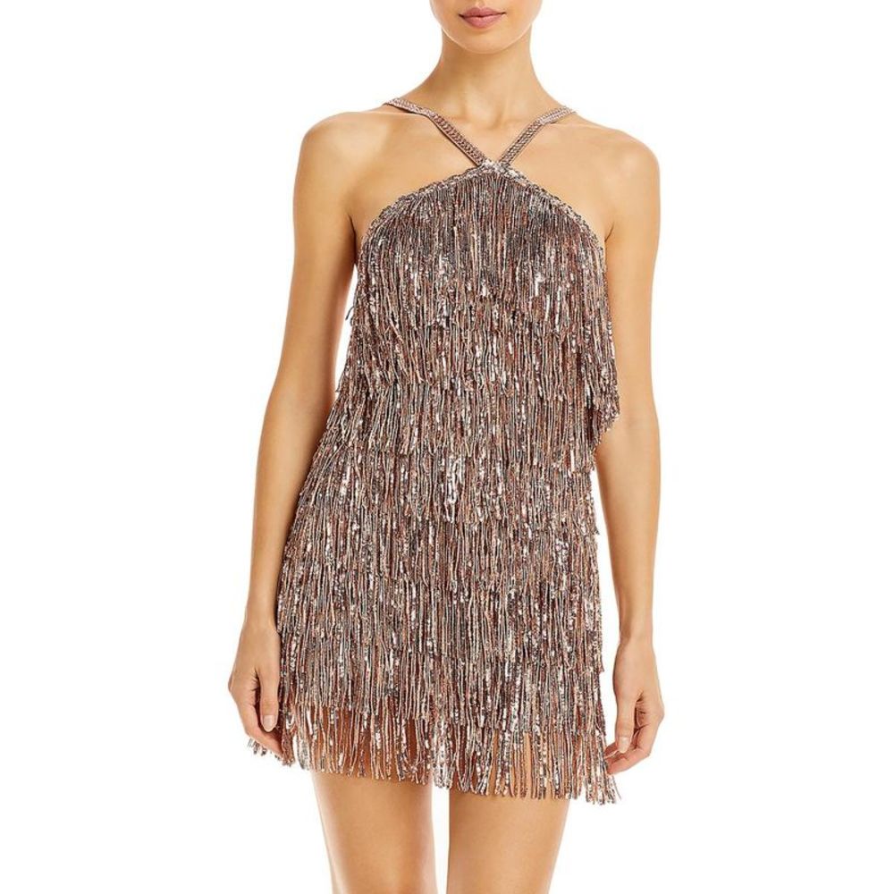 Bronx And Banco Womens Gold Sequin Fringe Mini Cocktail and Party Dress NWT